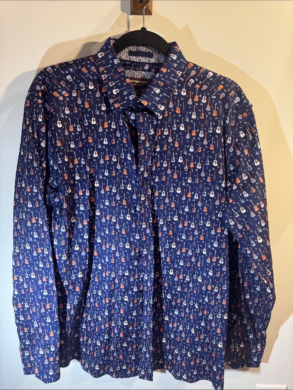 Johnston & Murphy Navy Button-Down Shirt with Guitar Print